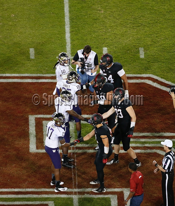 2013Stanford-Wash-049.JPG - Oct. 5, 2013; Stanford, CA, USA; Team captains shake hands prior to game between the Stanford Cardinal and the Washington Huskies at  Stanford Stadium. Stanford defeated Washington 31-28.